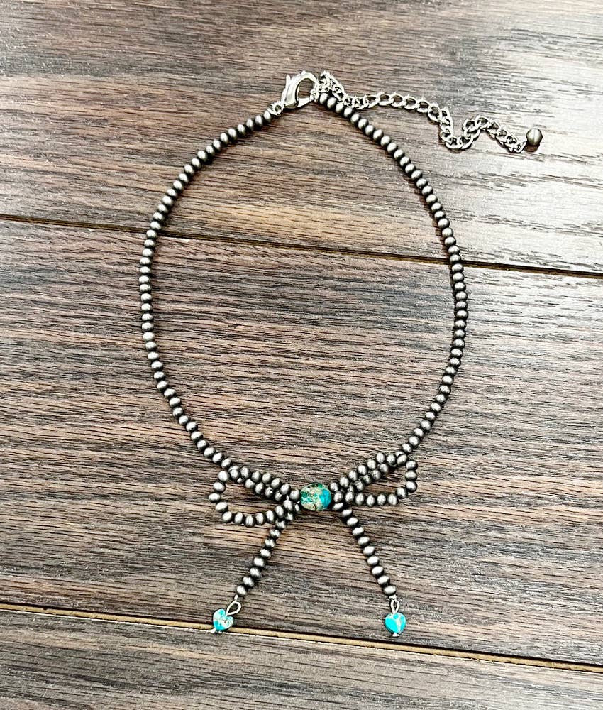 Handmade Ribbon Bow Necklace with Tiny Silver Pearl Beads and Gemstones Silver Elegant