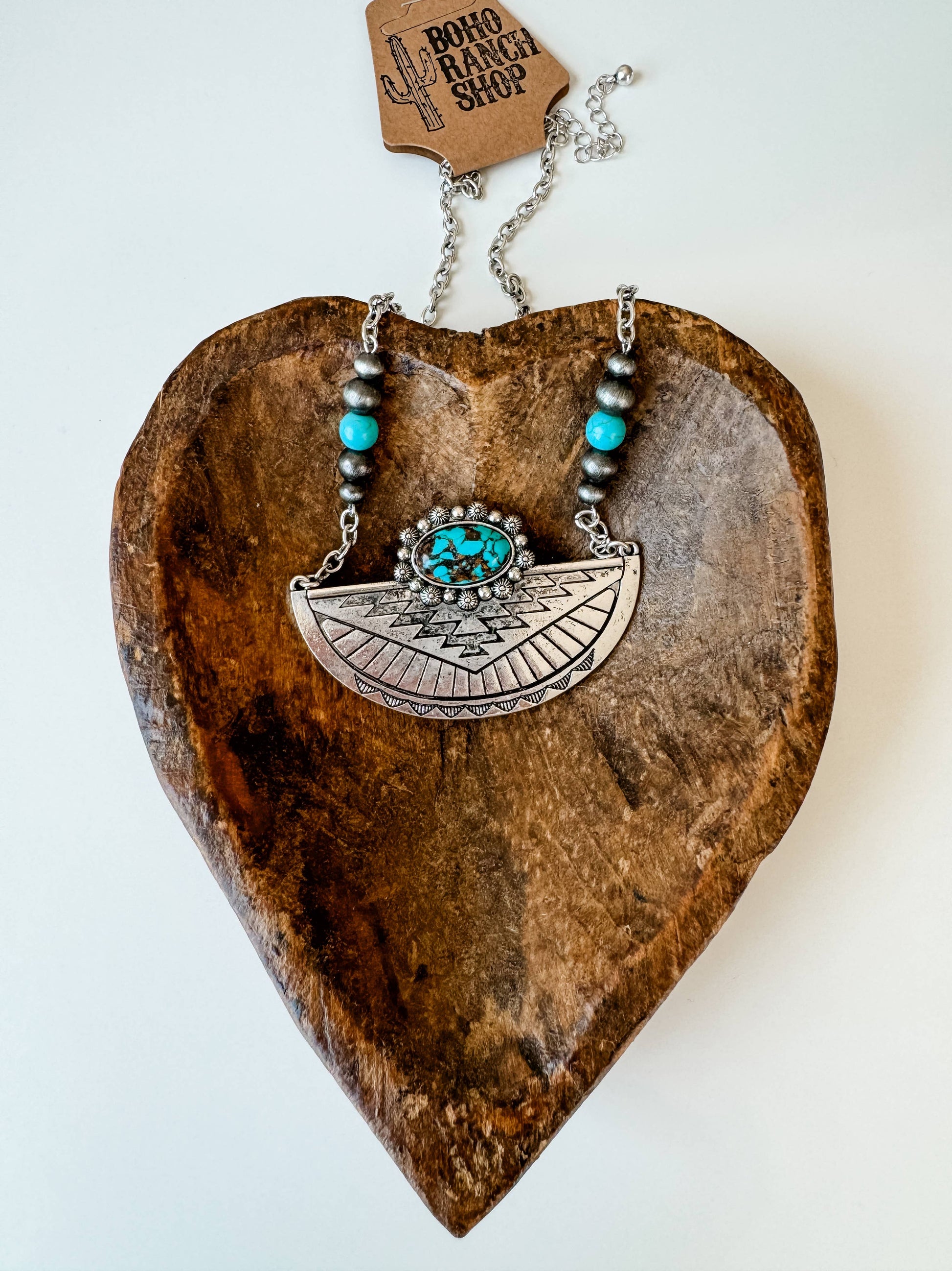 Western Aztec Style Turquoise Stone Pendant Necklace with Burnished Silver and Extension Chain WildWestBoho