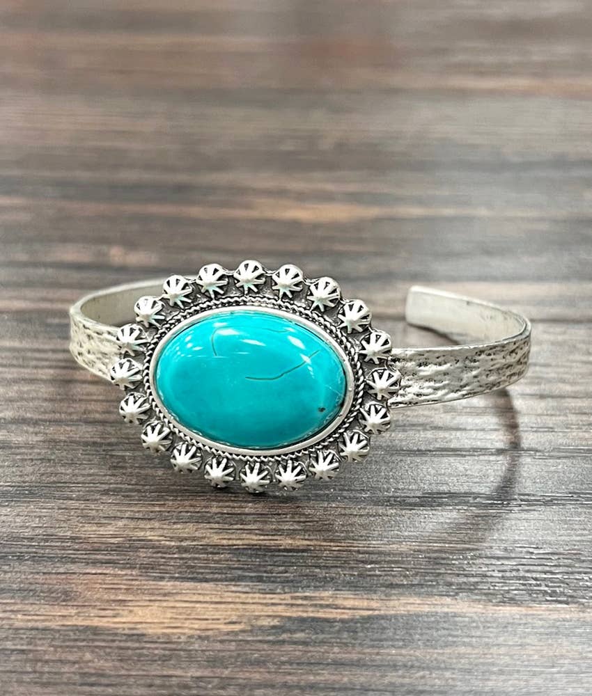 Navajo Style Turquoise Cuff Bracelet Natural Stone Antique Silver Plate Silver Elegant