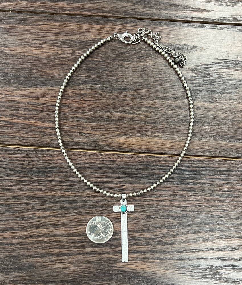 Handmade Navajo Style Silver Turquoise Cross Necklace With Extender 15 To 20 Inch Silver Elegant