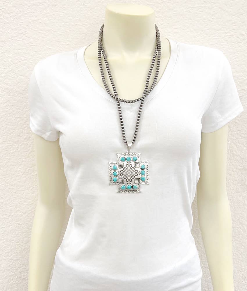 Aztec Turquoise Two Strand Necklace 24 Inch Handmade Silver Elegant