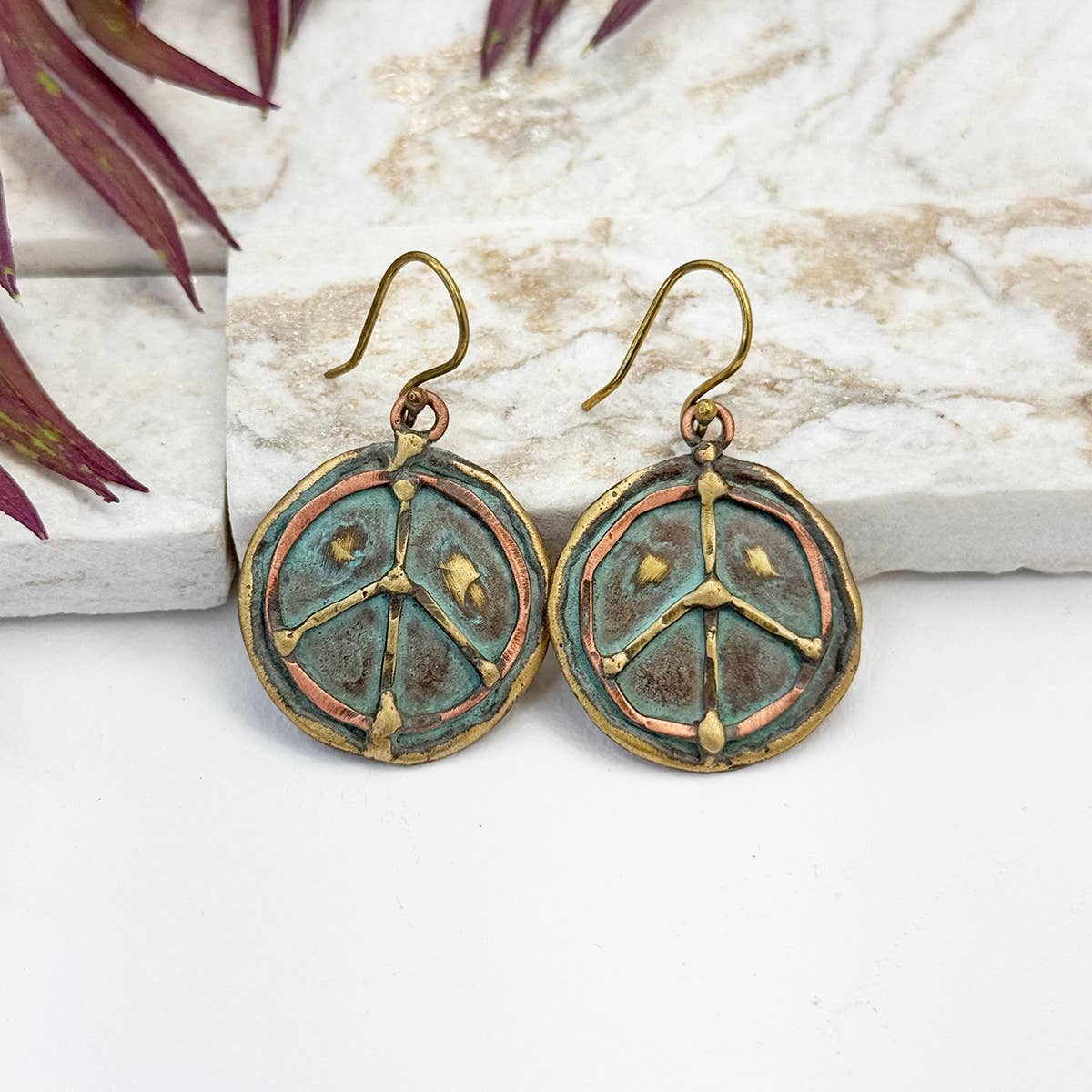 Handcrafted Verdigris Peace Sign Brass Patina Dangle Earrings Silver Elegant