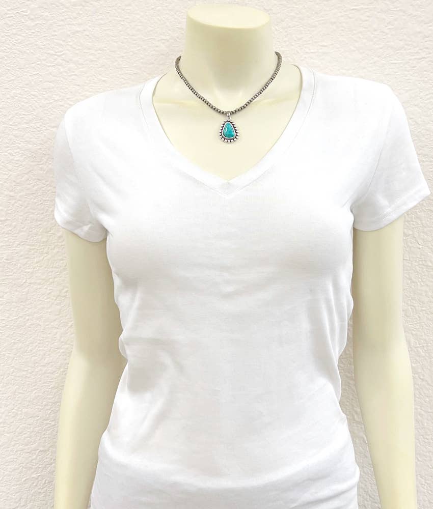 Handmade Navajo Style Turquoise Necklace With Tiny 4mm Beads And 1.3 Inch Pendant Wild West Boho