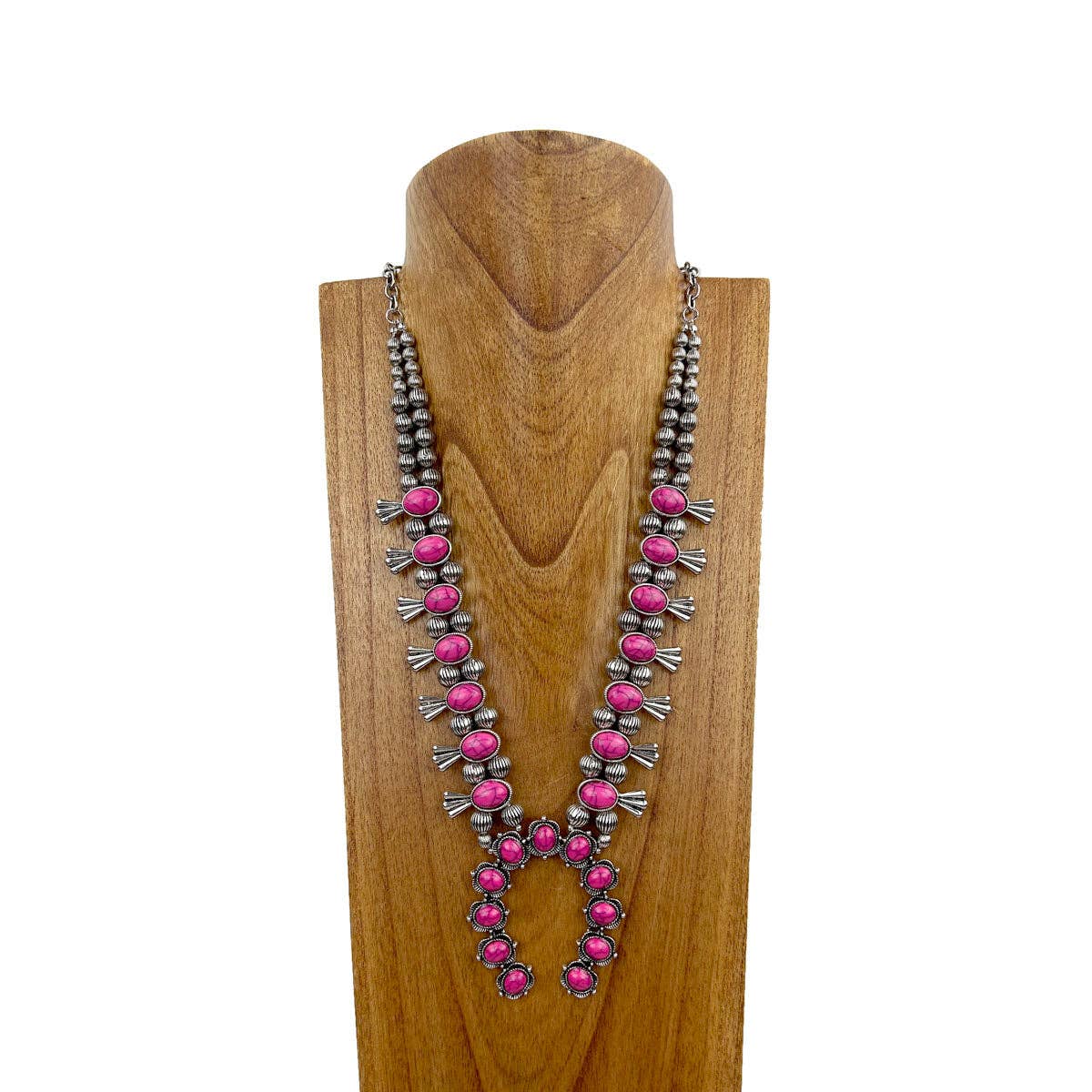 Handcrafted Boho Silver Squash Blossom Necklace With Faux Coral  Stone Silver Elegant