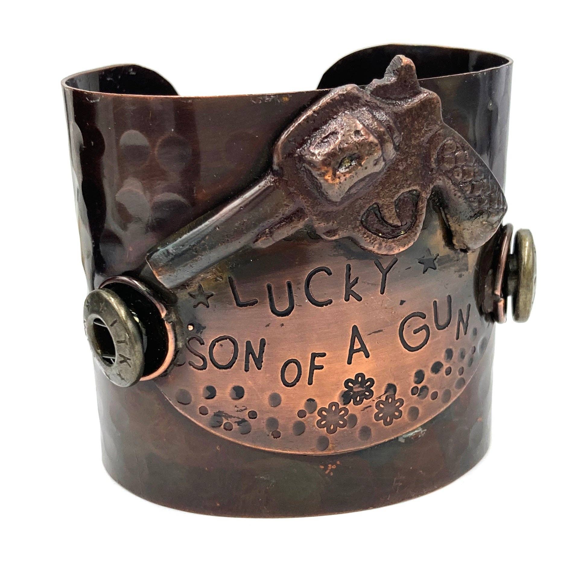 Lucky Son Of A Gun Wide Metal Cuff Bracelet For Men Bold Statement Jewelry Gift Idea WildWestBoho