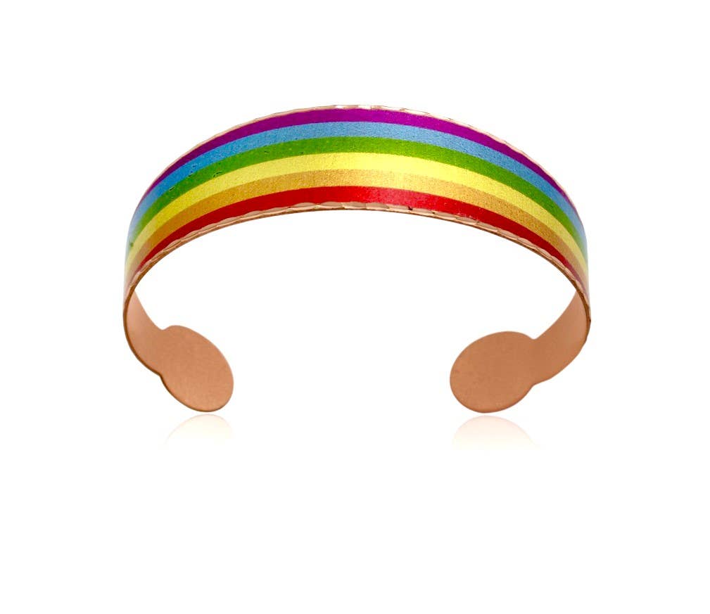 Handmade Boho Copper Wide Cuff Bracelet, Diamond Cut Rainbow Pride Design, Gift Box - Silver Elegant