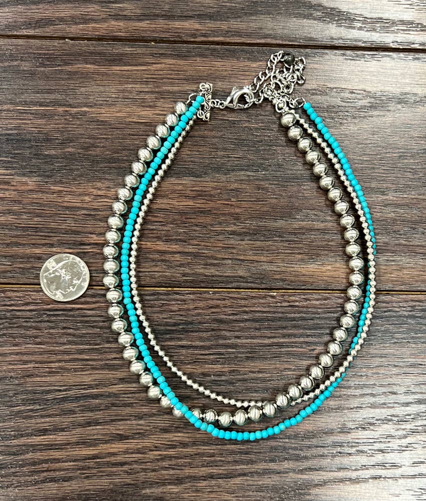 Handmade 16 Inch Silver Navajo Bead And Turquoise Necklace Silver Elegant