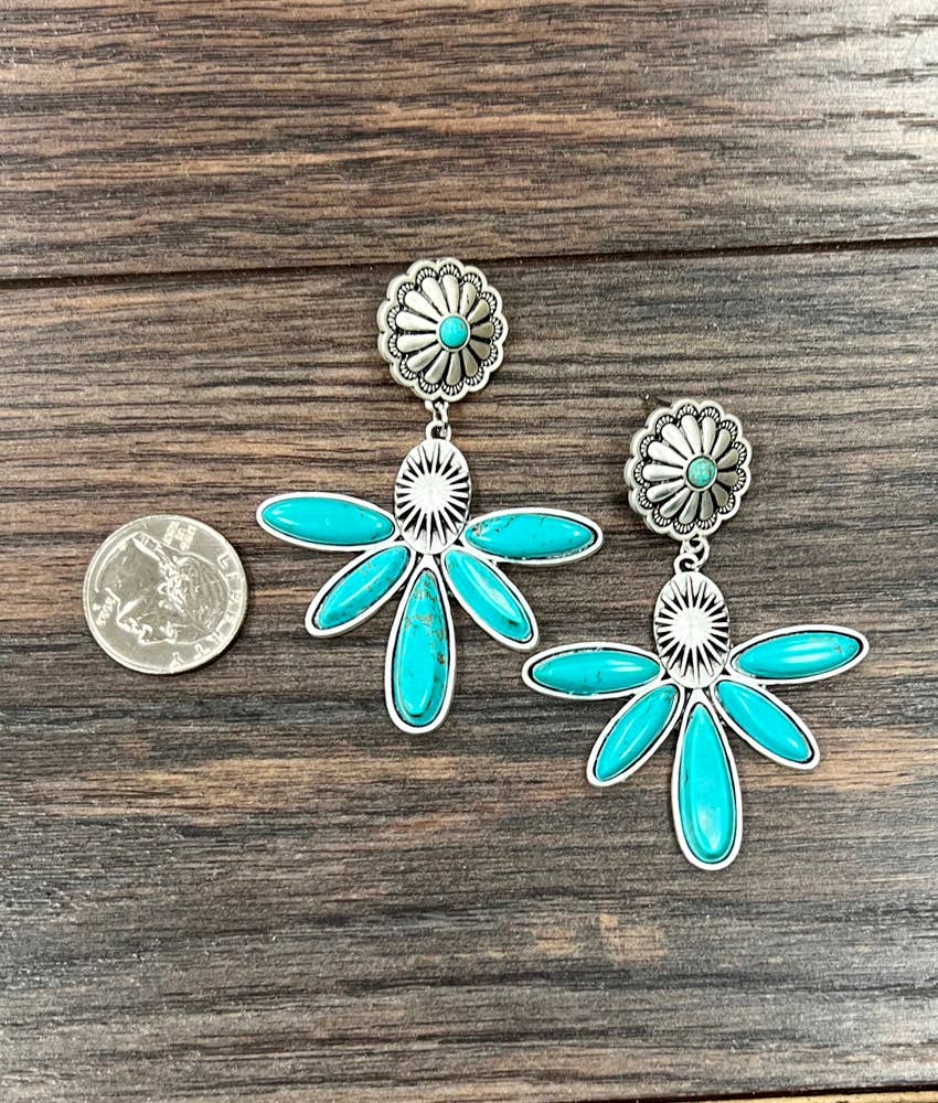 Navajo Turquoise Concho Post Earrings 2.7 Inches Long Antique Silver Plate Silver Elegant