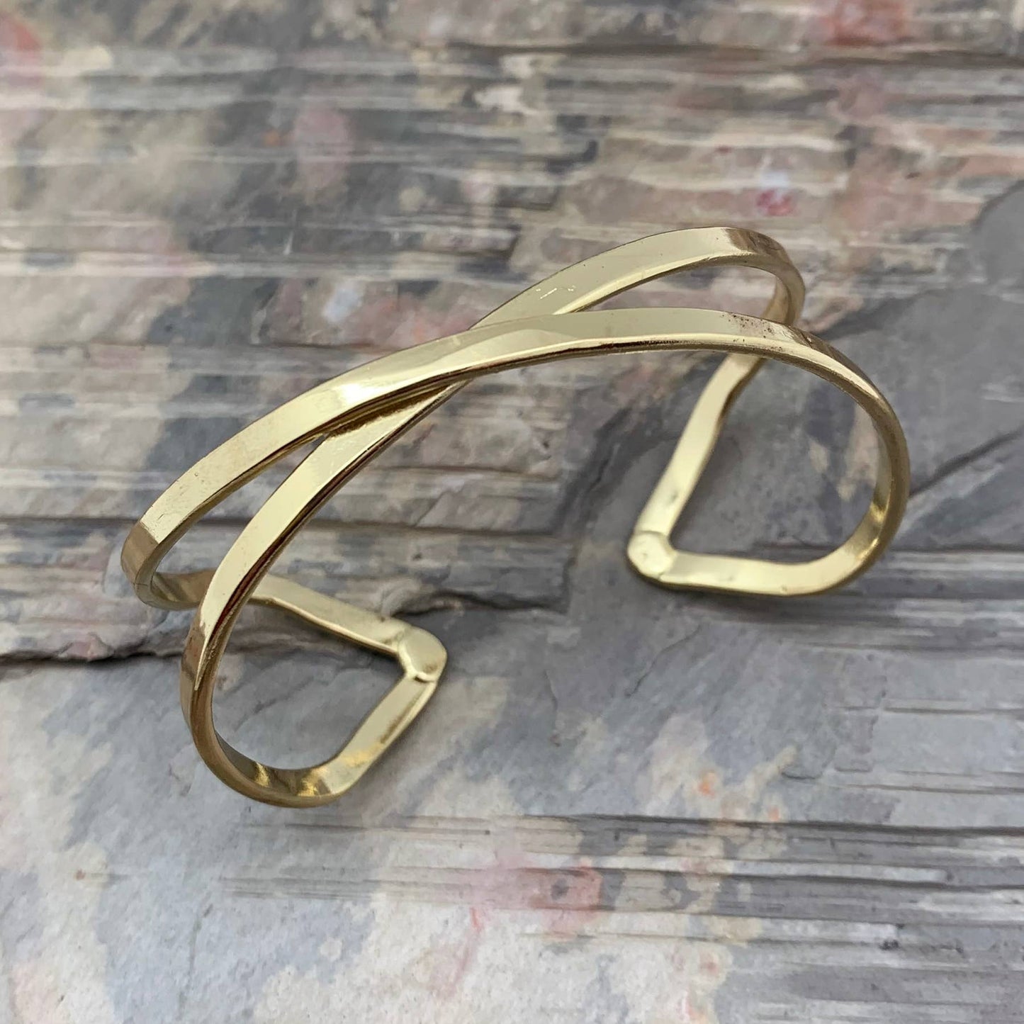 Handcrafted Boho Gold Plated Adjustable Cuff Bracelet - Narrow Single X - Gift Box - Silver Elegant