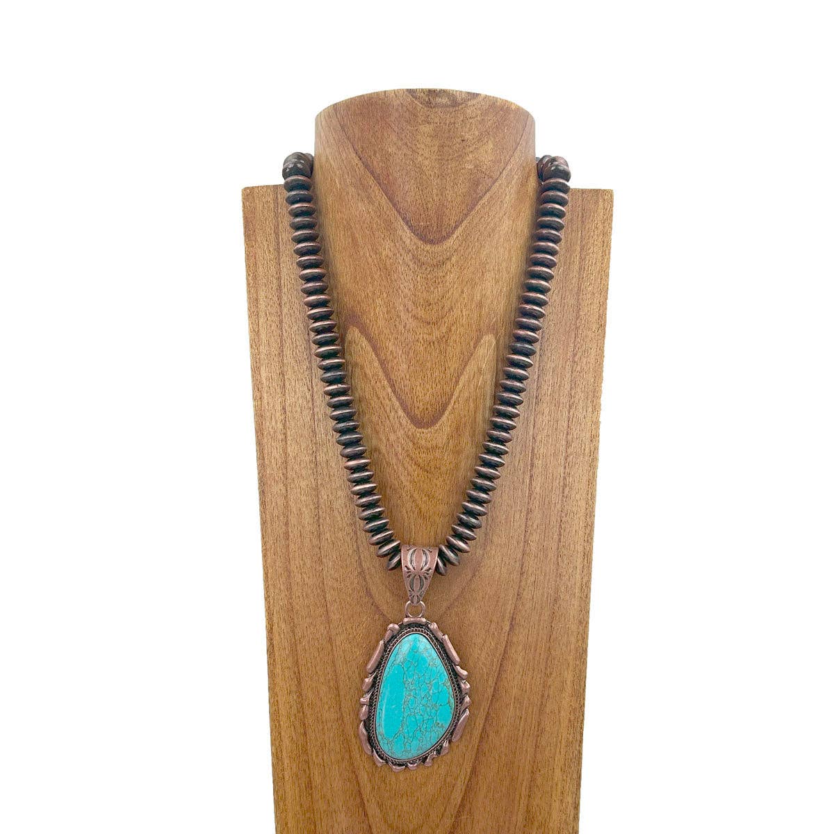 Copper Navajo Style Pearl Necklace With Blue Turquoise Teardrop Pendant 21 Inches WildWestBoho