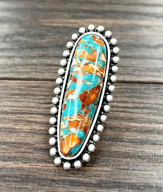 Southwestern Gemstone Adjustable Statement Cuff Ring with Brass Dual Band Silver Elegant