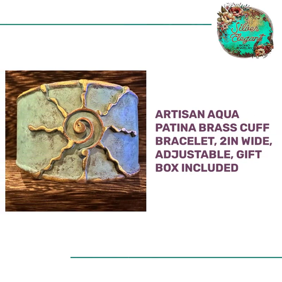 Artisan Aqua Patina Brass Cuff Bracelet, 2in Wide, Adjustable, Gift Box Included by@Outfy