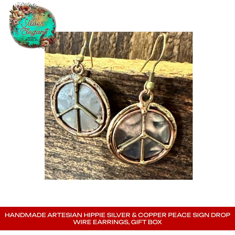 Handmade Artesian Hippie Silver & Copper Peace Sign Drop Wire Earrings, Gift Box by@Outfy