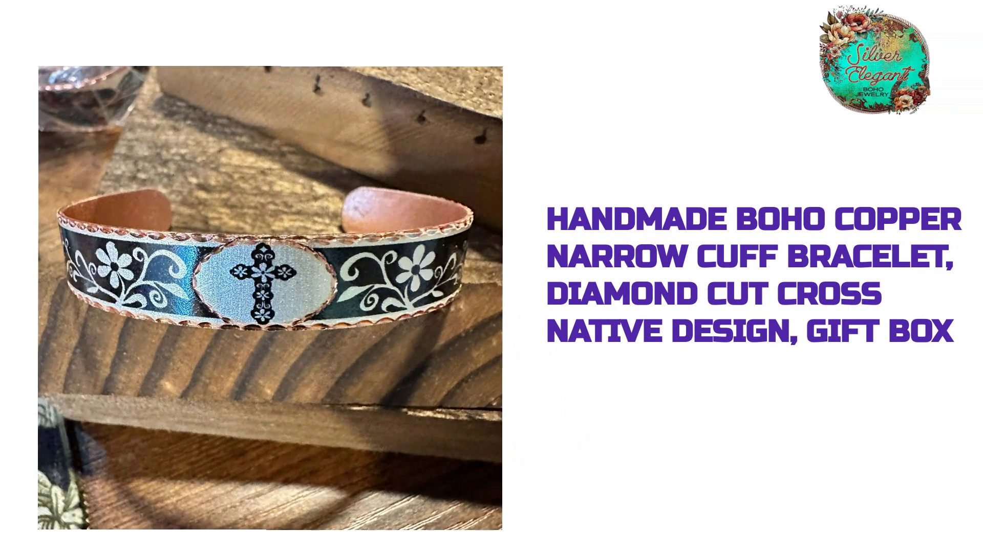 Handmade Boho Copper Narrow Cuff Bracelet, Diamond Cut Cross Native Design, Gift Box by@Outfy