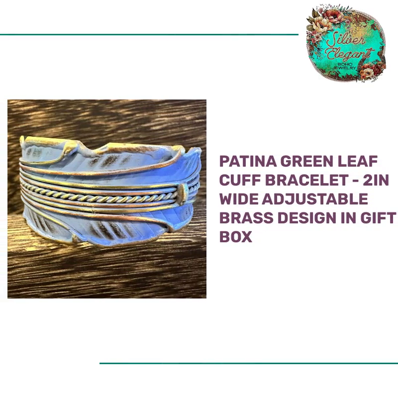 Patina Green Leaf Cuff Bracelet - 2in Wide Adjustable Brass Design in Gift Box by@Outfy
