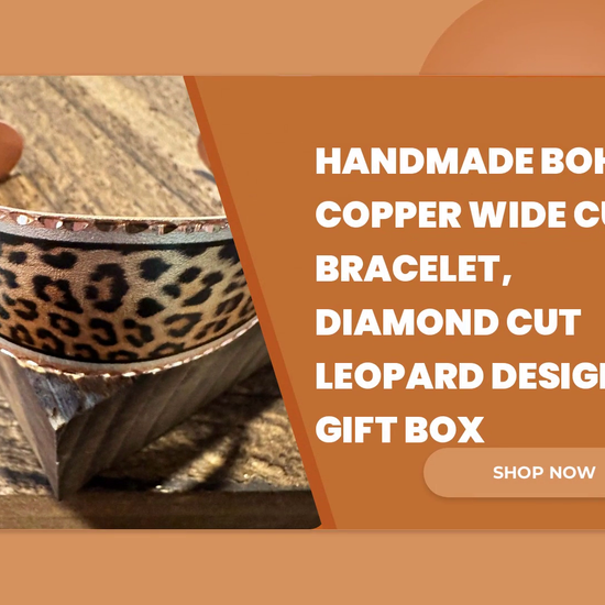 Handmade Boho Copper Wide Cuff Bracelet, Diamond Cut Leopard Design, Gift Box by@Outfy