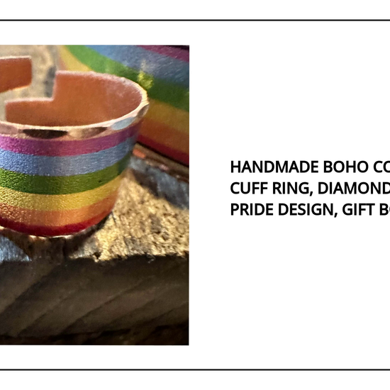 Handmade Boho Copper Wide Cuff Ring, Diamond Cut Rainbow Pride Design, Gift Box by@Outfy