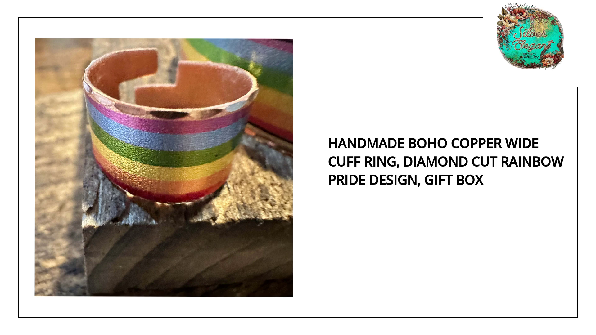 Handmade Boho Copper Wide Cuff Ring, Diamond Cut Rainbow Pride Design, Gift Box by@Outfy
