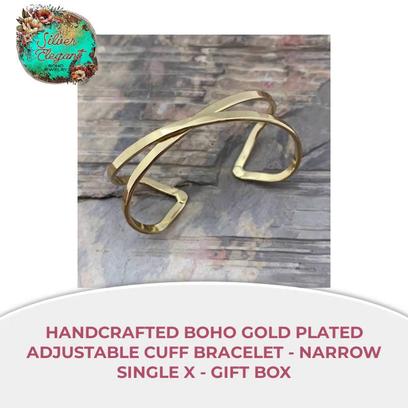 Handcrafted Boho Gold Plated Adjustable Cuff Bracelet - Narrow Single X - Gift Box by@Outfy