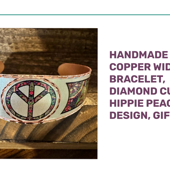 Handmade Boho Copper Wide Cuff Bracelet, Diamond Cut Hippie Peace Design, Gift Box by@Outfy