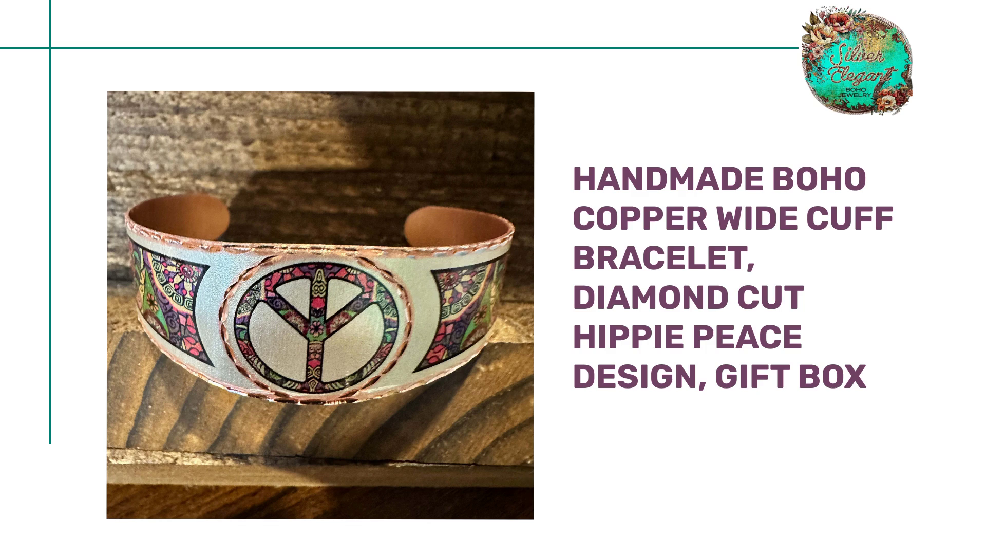 Handmade Boho Copper Wide Cuff Bracelet, Diamond Cut Hippie Peace Design, Gift Box by@Outfy