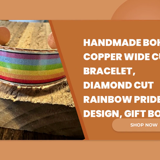 Handmade Boho Copper Wide Cuff Bracelet, Diamond Cut Rainbow Pride Design, Gift Box by@Outfy