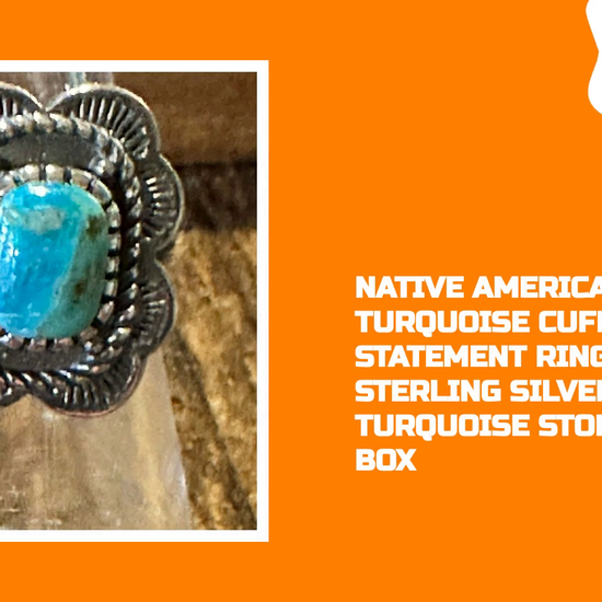 Native American Asia Turquoise Cuff Statement Ring, Genuine Sterling Silver &amp; Turquoise Stone, Gift Box by@Outfy