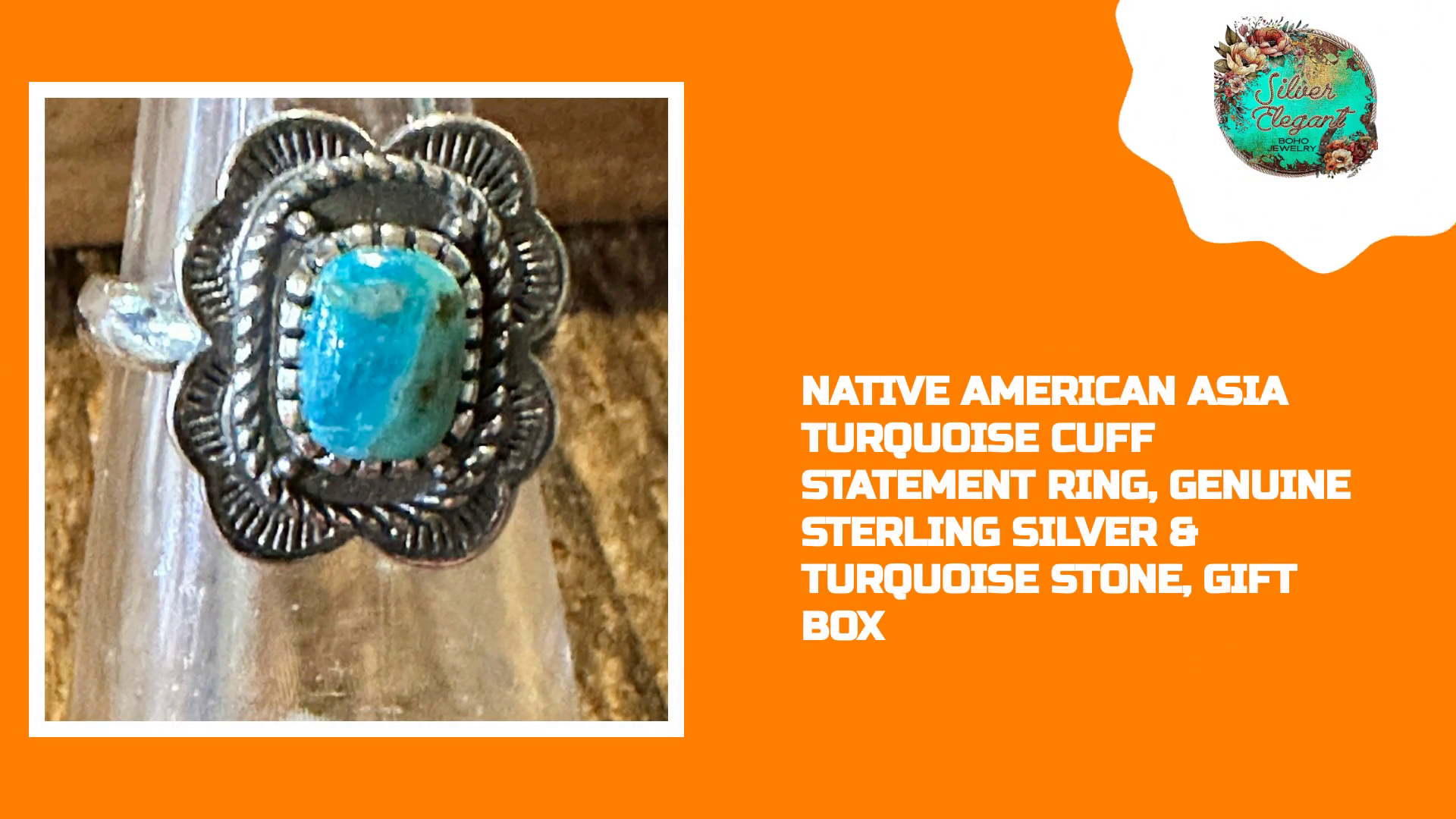 Native American Asia Turquoise Cuff Statement Ring, Genuine Sterling Silver &amp; Turquoise Stone, Gift Box by@Outfy