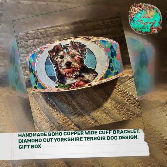 Handmade Boho Copper Wide Cuff Bracelet, Diamond Cut Yorkshire Terroir Dog Design, Gift Box by@Outfy