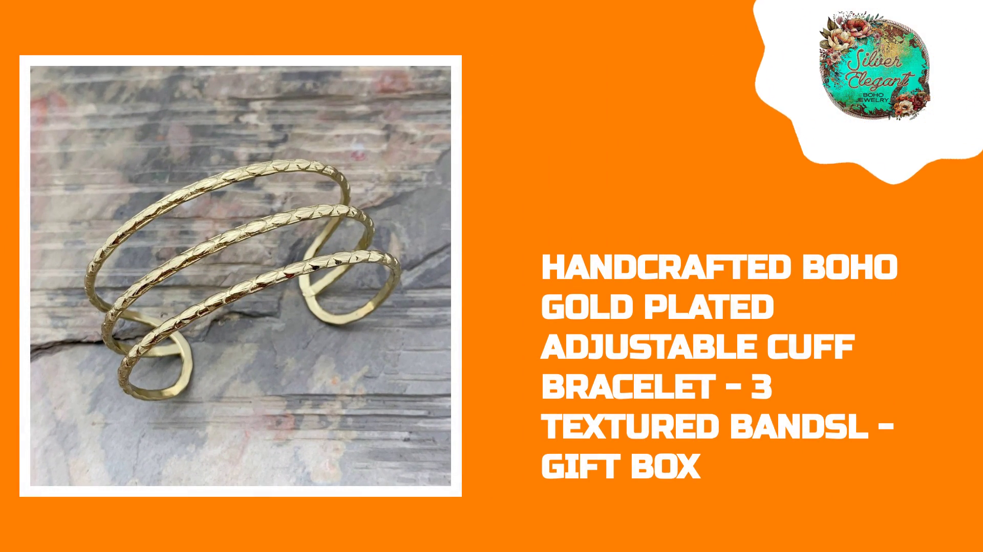 Handcrafted Boho Gold Plated Adjustable Cuff Bracelet - 3 Textured Bandsl - Gift Box by@Outfy