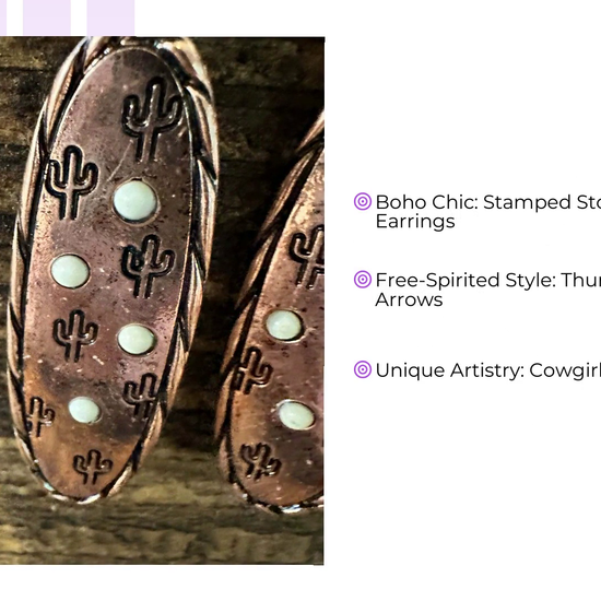 Boho Hippie Cowgirl Western Stamped Stone Copper Earrings - Cactus Thunderbolt Arrows, Gift Box by@Outfy