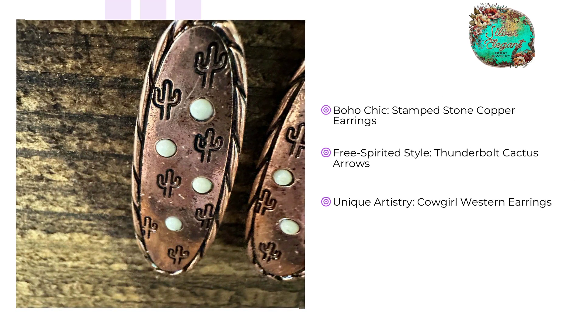 Boho Hippie Cowgirl Western Stamped Stone Copper Earrings - Cactus Thunderbolt Arrows, Gift Box by@Outfy