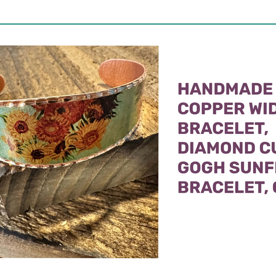 Handmade Boho Copper Wide Cuff Bracelet, Diamond Cut Van Gogh Sunflowers Bracelet, Gift Box by@Outfy