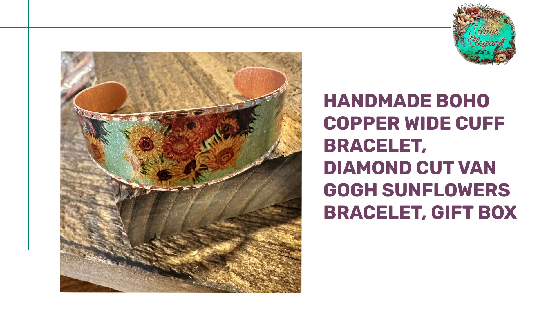 Handmade Boho Copper Wide Cuff Bracelet, Diamond Cut Van Gogh Sunflowers Bracelet, Gift Box by@Outfy