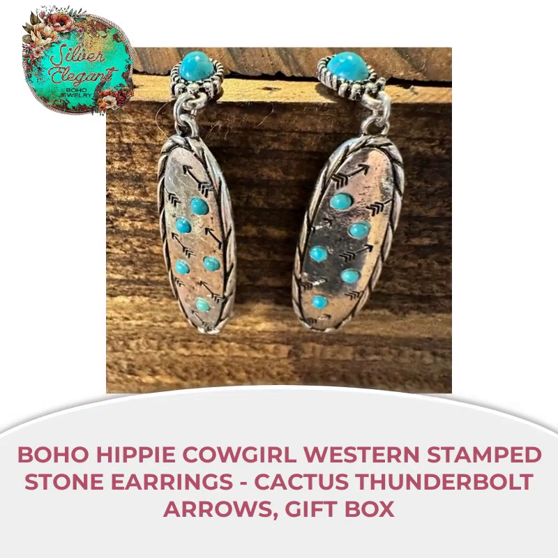 Boho Hippie Cowgirl Western Stamped Stone Earrings - Cactus Thunderbolt Arrows, Gift Box by@Outfy