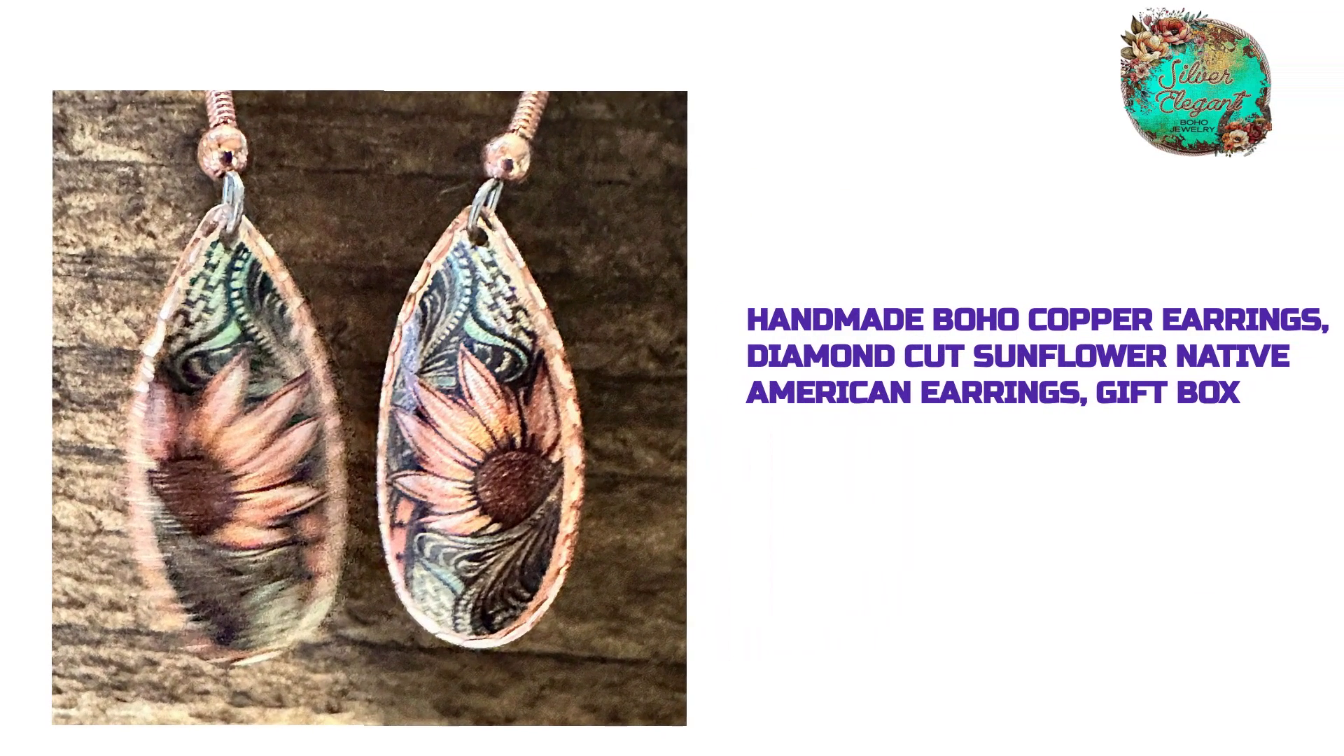 Handmade Boho Copper Earrings, Diamond Cut Sunflower Native American Earrings, Gift Box by@Outfy