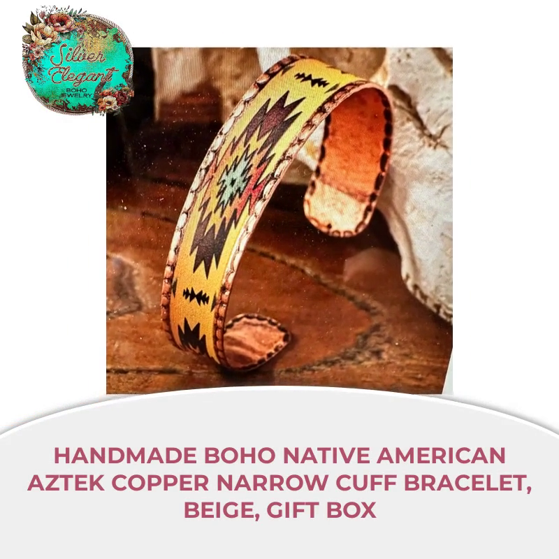 Handmade Boho Native American Aztek Copper Narrow Cuff Bracelet, Beige, Gift Box by@Outfy