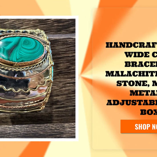 Handcrafted 2in Wide Cuff Bracelet, Malachite Green Stone, Mixed Metals, Adjustable, Gift Box by@Outfy