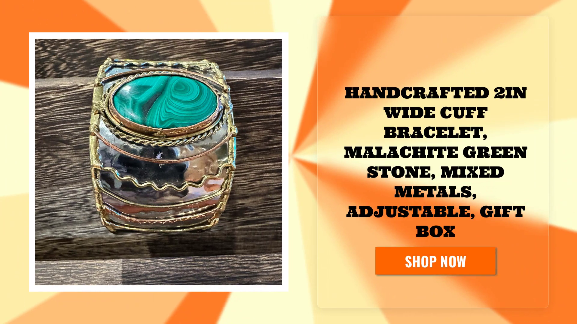 Handcrafted 2in Wide Cuff Bracelet, Malachite Green Stone, Mixed Metals, Adjustable, Gift Box by@Outfy