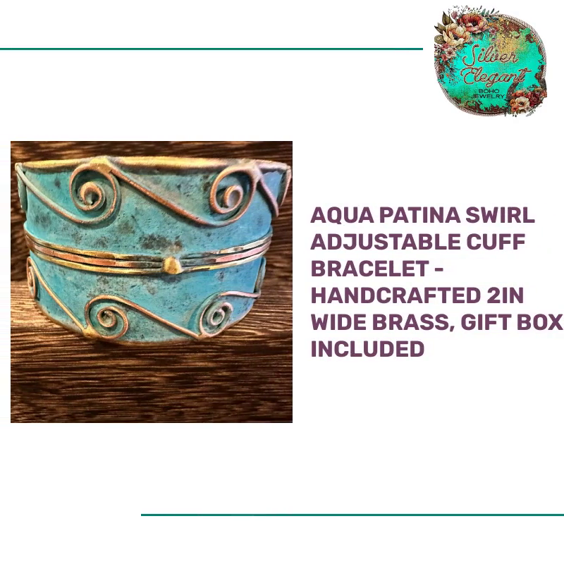 Aqua Patina Swirl Adjustable Cuff Bracelet - Handcrafted 2in Wide Brass, Gift Box Included by@Outfy